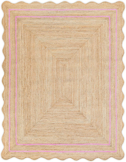 Wave Scalloped Natural Jute Rug - Boho Entryway Runner, Farmhouse Scallop, Light Pink (8'x10')