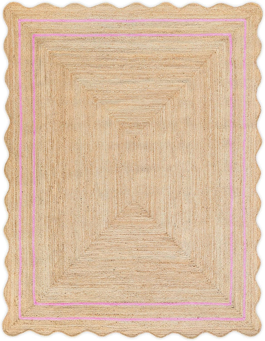 Wave Scalloped Natural Jute Rug - Boho Entryway Runner, Farmhouse Scallop, Light Pink (8'x10')