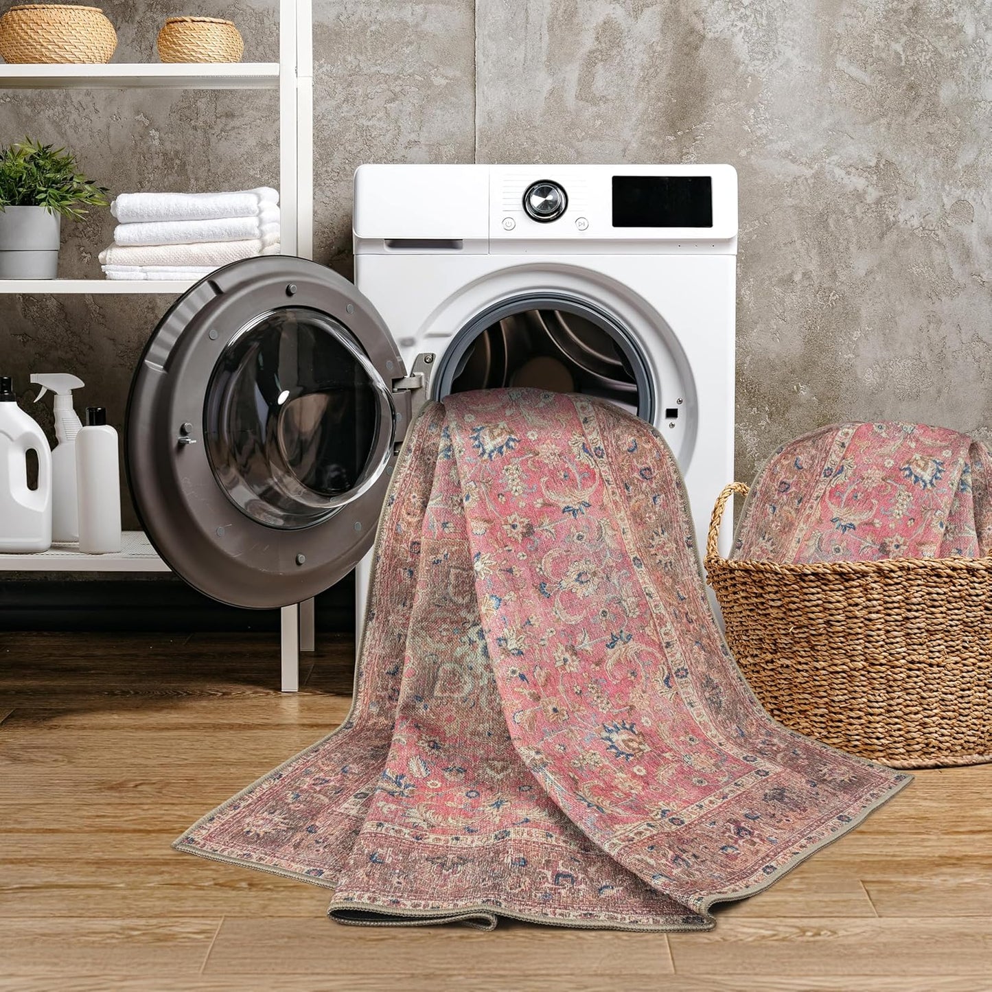 GLN Rugs Traditional Collection - Machine Washable Area Rug, Traditional Washable, Non Slip, Low Pile Chenille Rug, Living Room, Bedroom, Kitchen Rug (5'3" Round Pink/Cream)
