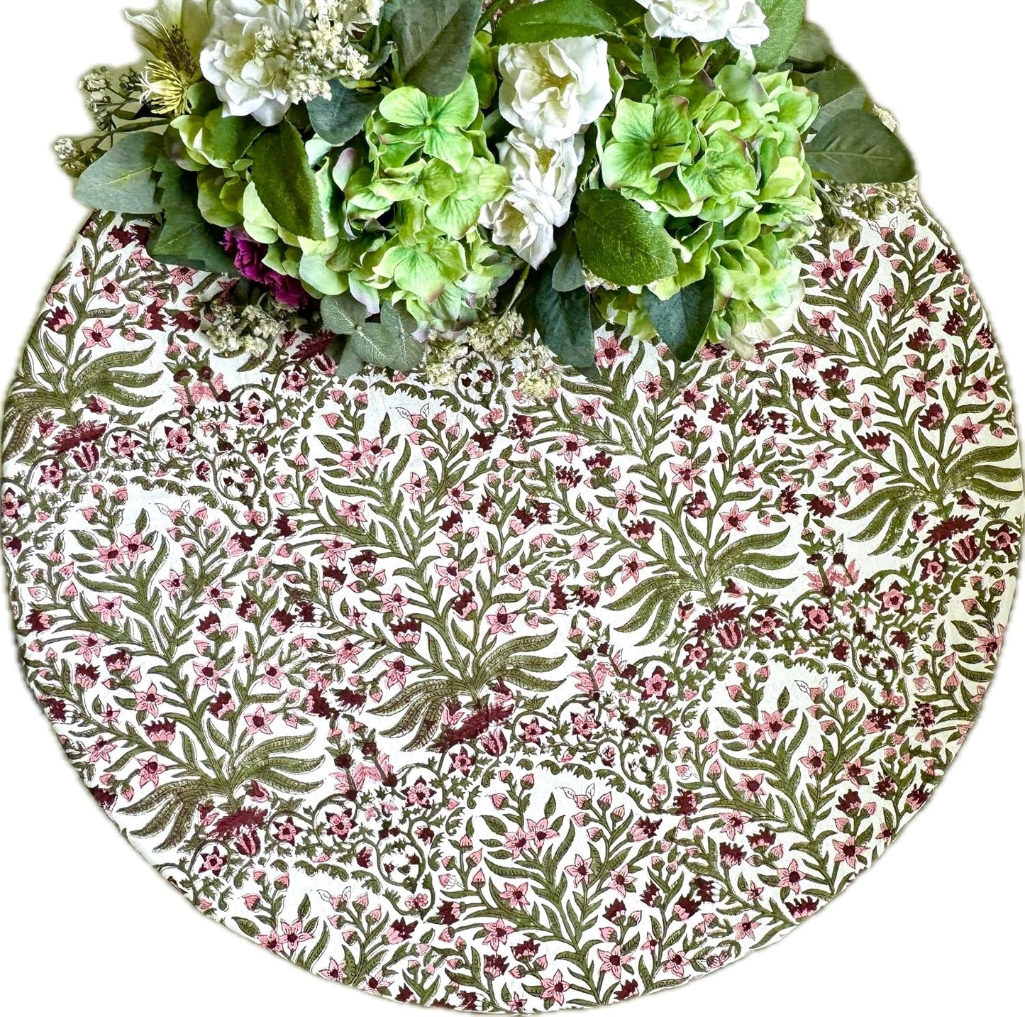 ATOSII Nargis Pink 100% Cotton Round Block Print Summer Tablecloth, Floral Table Cloth Linen for Dining Parties Weddings Outdoors Holidays I 60" Inches Round, 4 Seater I Grandmillennial Farmhouse Boho