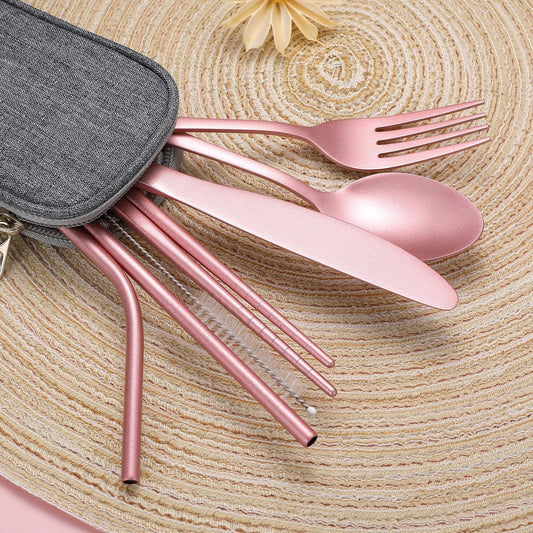 Portable Stainless Steel Flatware Set, Travel Camping Cutlery Set, Portable Utensil Travel Silverware Dinnerware Set with a Waterproof Case (Pink)