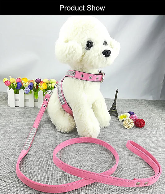 Fashion Puppy Harness with Diamantes and Lead Cute Girl Bling Dog Harness with Bling Leash for Small Dogs - Pink - M