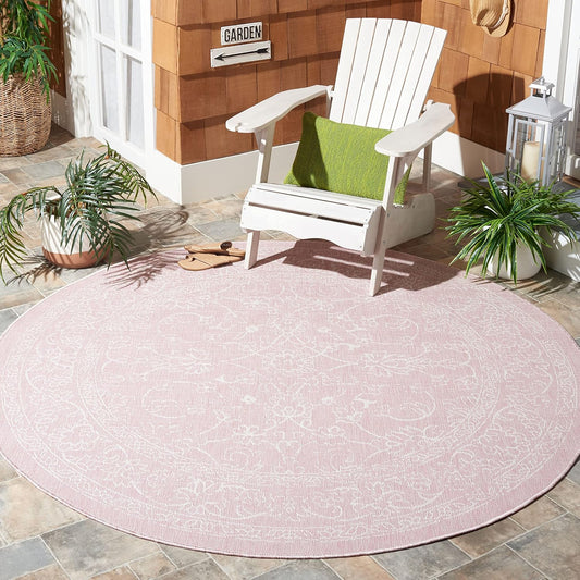 SAFAVIEH Courtyard Collection 6'7" Round Soft Pink/Ivory CY8680 Indoor/ Outdoor Waterproof Easy Cleaning Patio Backyard Mudroom Area Rug
