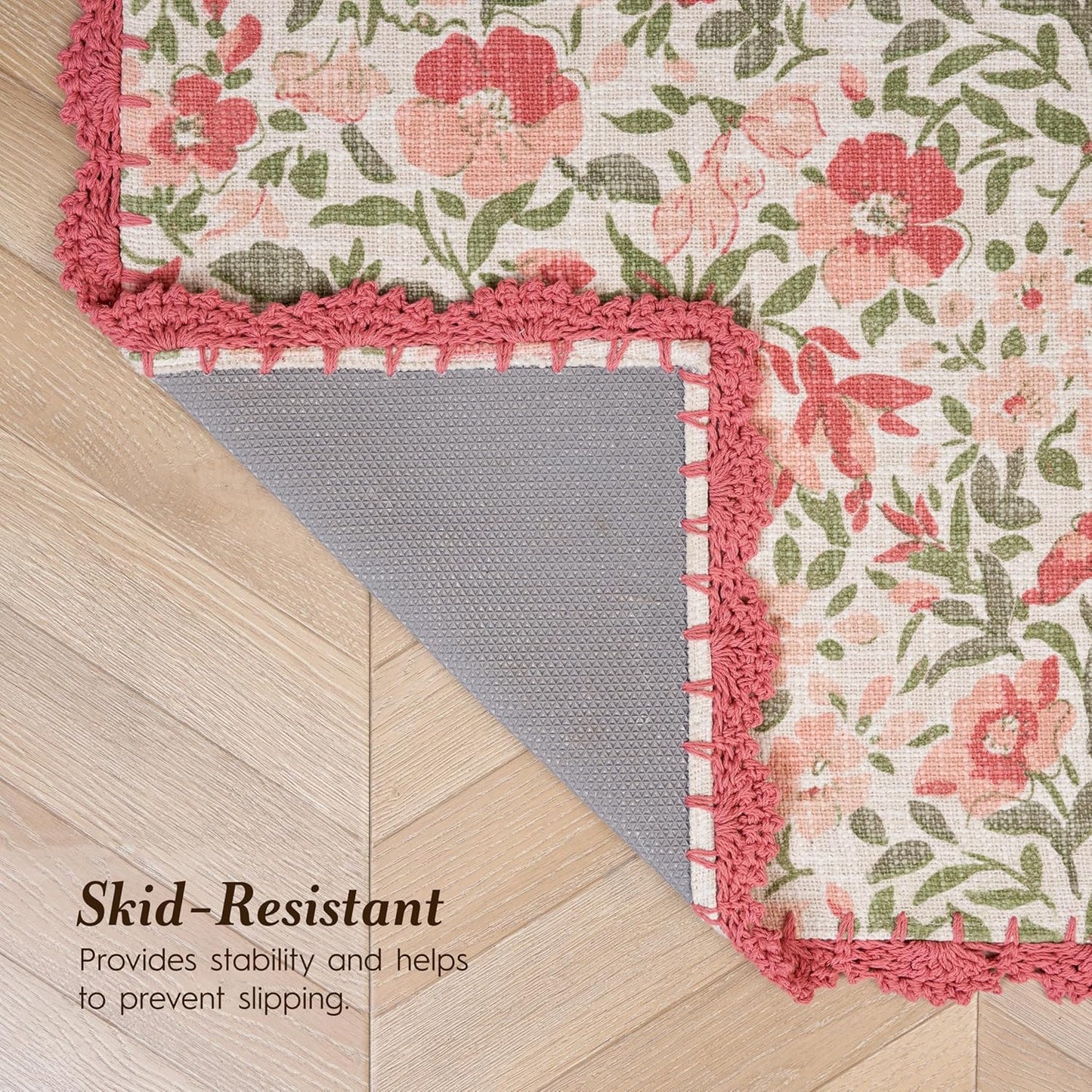 Laura Ashley Cotton Crochet Border Sherston Coral Pink Floral Machine Washable & Slip Resistant 26" x 45" Accent Rug