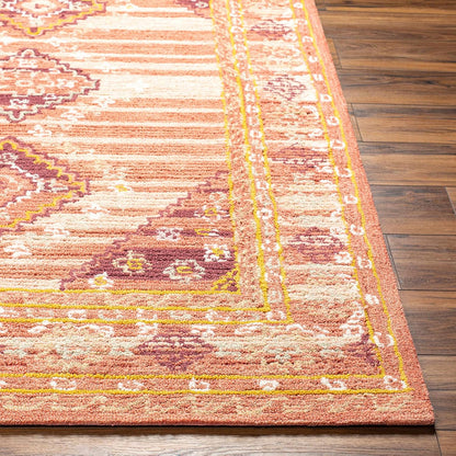 Hauteloom Zeno Wool Living Room, Bedroom Area Rug - Medallion Border Diamond Geometric Striped - Traditional Oriental Tribal Boho Transitional - Dusty Coral, Garnet, Bronze, Peach, Pink - 2' x 3'