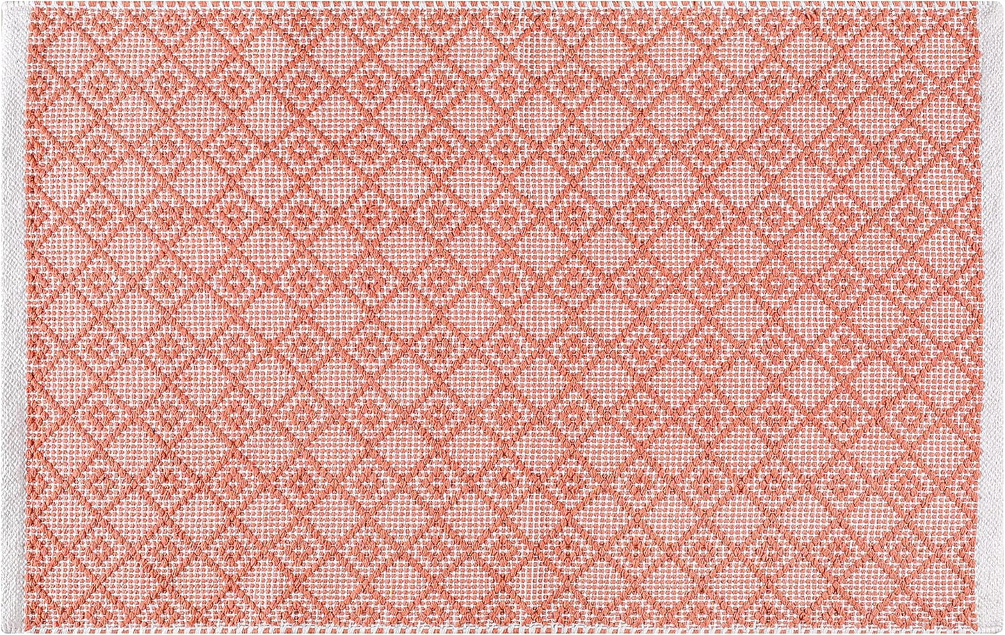 Cotton Diamond Woven Area Rug 2x3 Feet - Dusty Pink, Non Slip Soft Decorative Farmhouse Décor Floor Rugs Ideal for Entryway, Kitchen, Patio | Peach Sturdy Accent Balcont Throw Door Mat for Washable