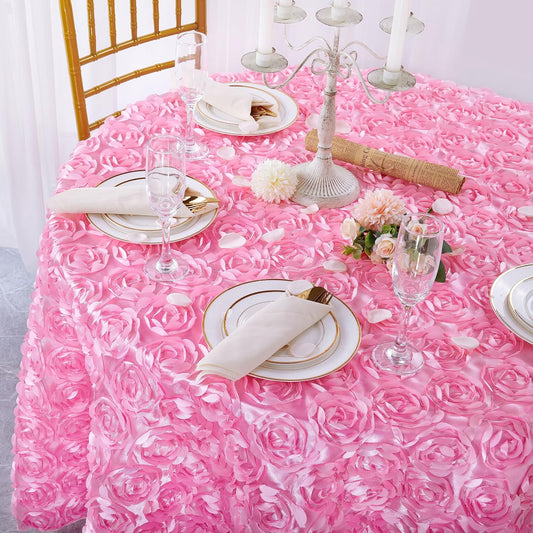 QueenDream Round Tablecloth 60 inch Pink 3D Floral Table Cloth Satin Overlay Rosette Tablecloth for Wedding Baby Shower Birthday Tea Party Dessert Table Decorations