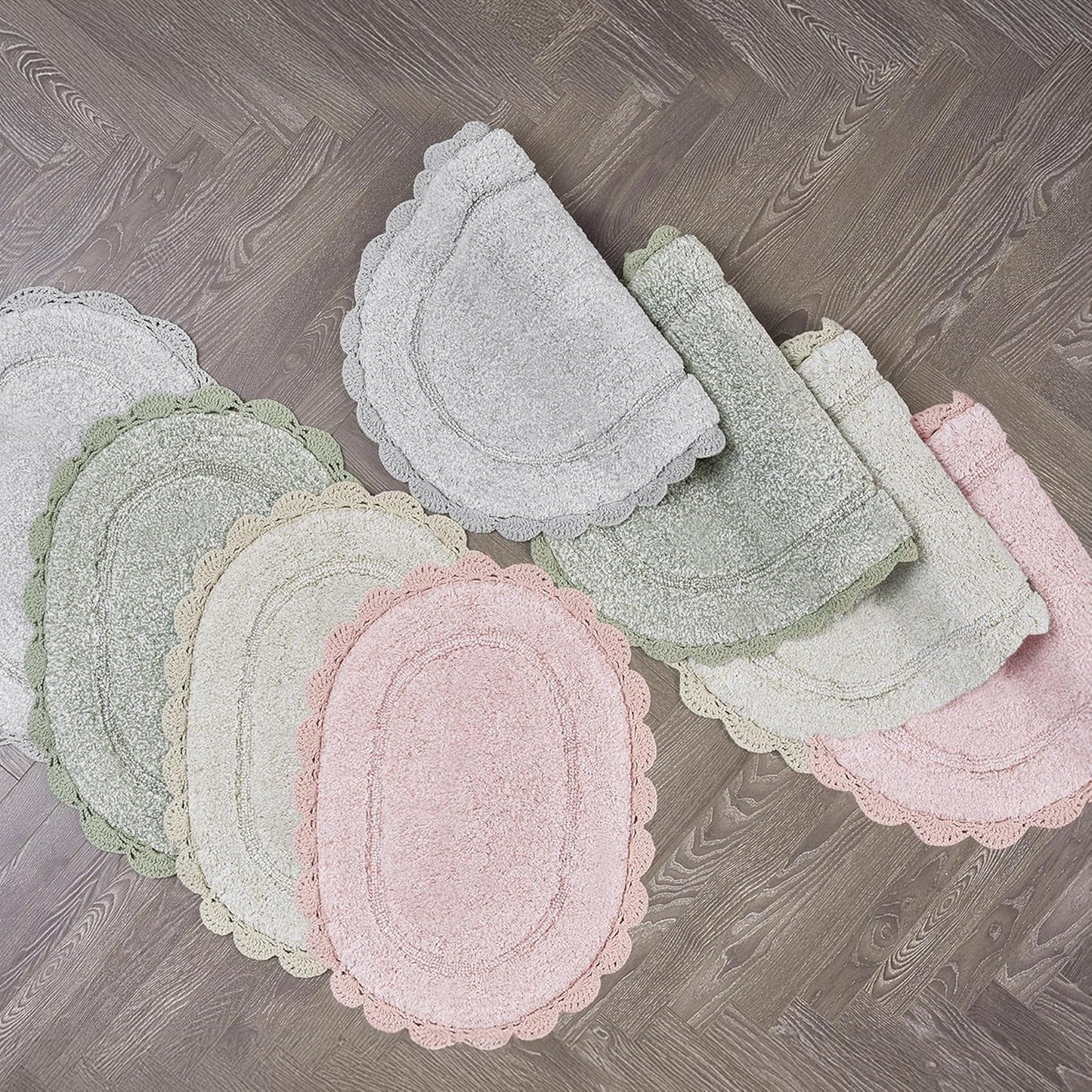 Laura Ashley Eloise 100% Cotton Oval Bath Mat with Crochet Border, Soft & Absorbent, Light Pink 21" x 34" Bathroom Rug