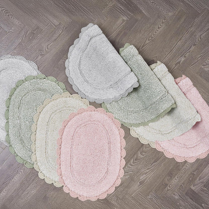 Laura Ashley Eloise 100% Cotton Oval Bath Mat with Crochet Border, Soft & Absorbent, Light Pink 21" x 34" Bathroom Rug