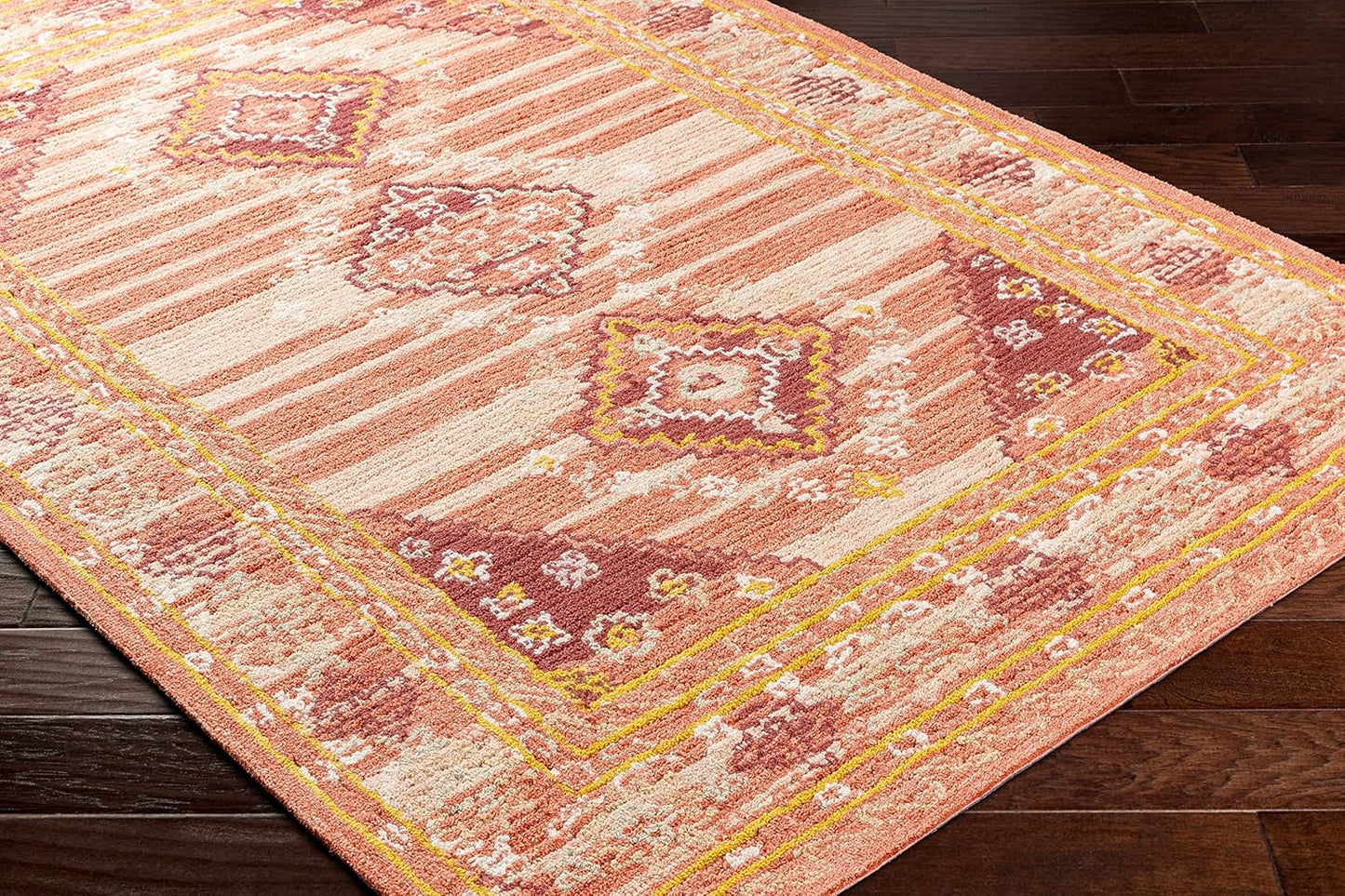 Hauteloom Zeno Wool Living Room, Bedroom Area Rug - Medallion Border Diamond Geometric Striped - Traditional Oriental Tribal Boho Transitional - Dusty Coral, Garnet, Bronze, Peach, Pink - 2' x 3'