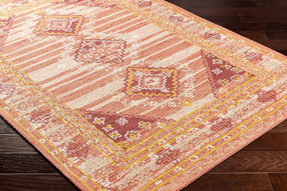 Hauteloom Zeno Wool Living Room, Bedroom Area Rug - Medallion Border Diamond Geometric Striped - Traditional Oriental Tribal Boho Transitional - Dusty Coral, Garnet, Bronze, Peach, Pink - 2' x 3'