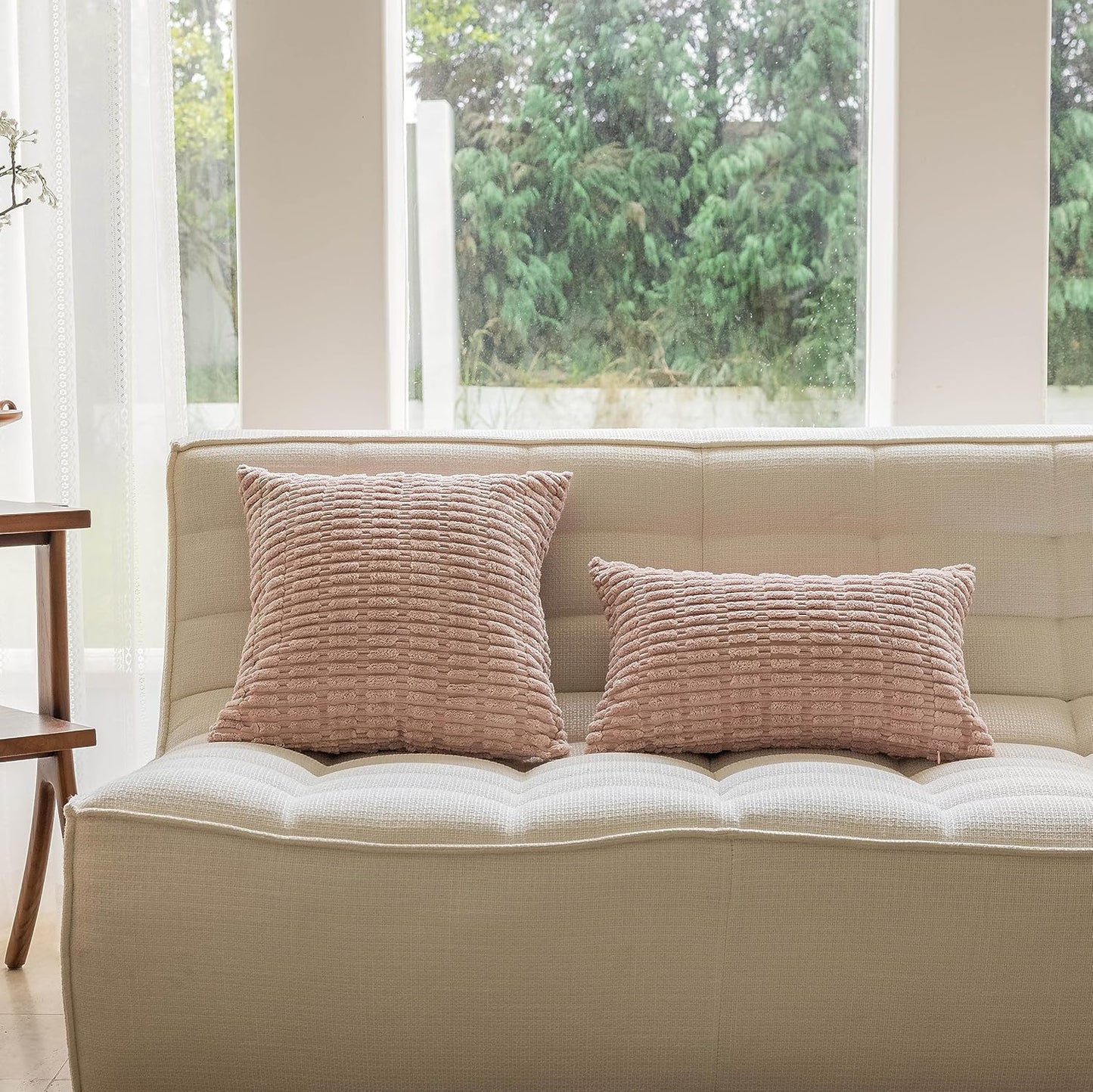 Home Brilliant 18x18 Pillow Covers Decorative Corduroy Stripe Plaided Throw Pillowcases Soft Pink Plush Cushion Covers for Holiday Wedding, Set of 2, 18 x 18 inch, Soft Pink