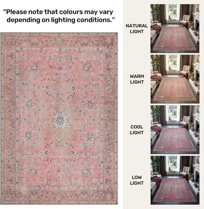 GLN Rugs Traditional Collection - Machine Washable Area Rug, Traditional Washable, Non Slip, Low Pile Chenille Rug, Living Room, Bedroom, Kitchen Rug (5'3" Round Pink/Cream)