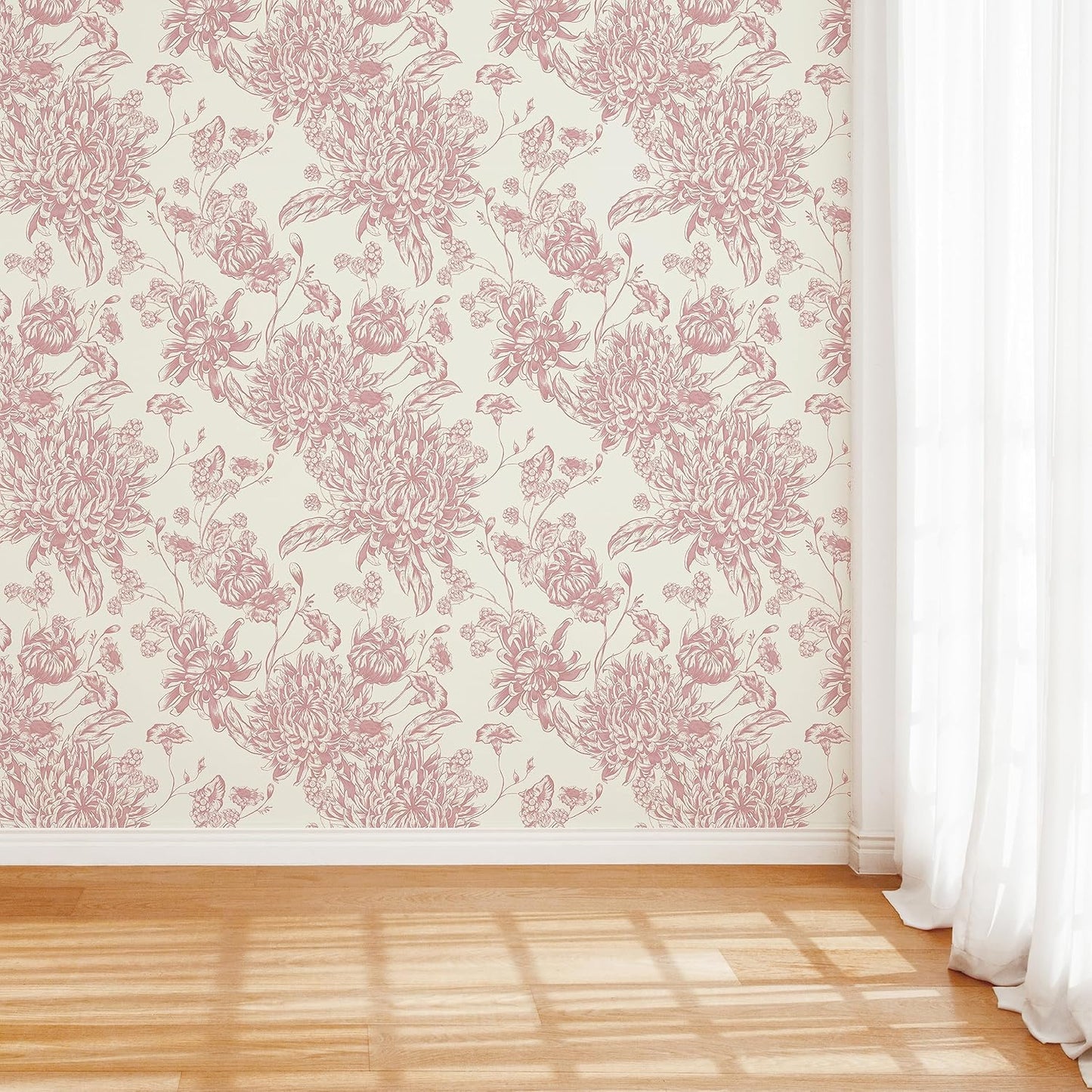 RollsRolla Pink Floral Toile Peel and Stick Wallpaper - Chinoiserie & French Country Design for Living Room, Bedroom and Bathroom - Renter-Friendly Temporary Wallpaper for Apartment