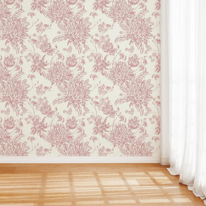 RollsRolla Pink Floral Toile Peel and Stick Wallpaper - Chinoiserie & French Country Design for Living Room, Bedroom and Bathroom - Renter-Friendly Temporary Wallpaper for Apartment