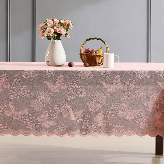 HLC.ME Butterfly Floral Lace Fabric Tablecloth, Lace Fabric Table Cloth for Rectangle Tables, Wrinkle Resistant Tablecloth, Patterned Scalloped Table Cover (54 W x 72 L, Blush Pink)