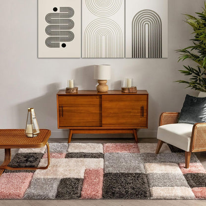 Well Woven San Francisco Escondido Blush Modern Geometric 3D Textured Thick and Soft Shag 5'3" x 7'3" Area Rug