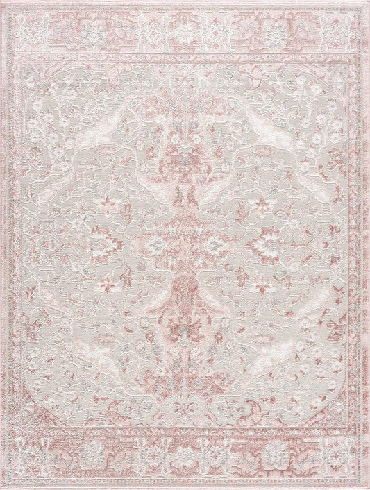 Hauteloom Isidore Boho Vintage Floral Area Rug - Farmhouse Traditional Medallion Carpet for Living Room, Bedroom, Dining Room - High Pile - Pale Pink, Peach, Cream, Blush - 5'2" x 7'