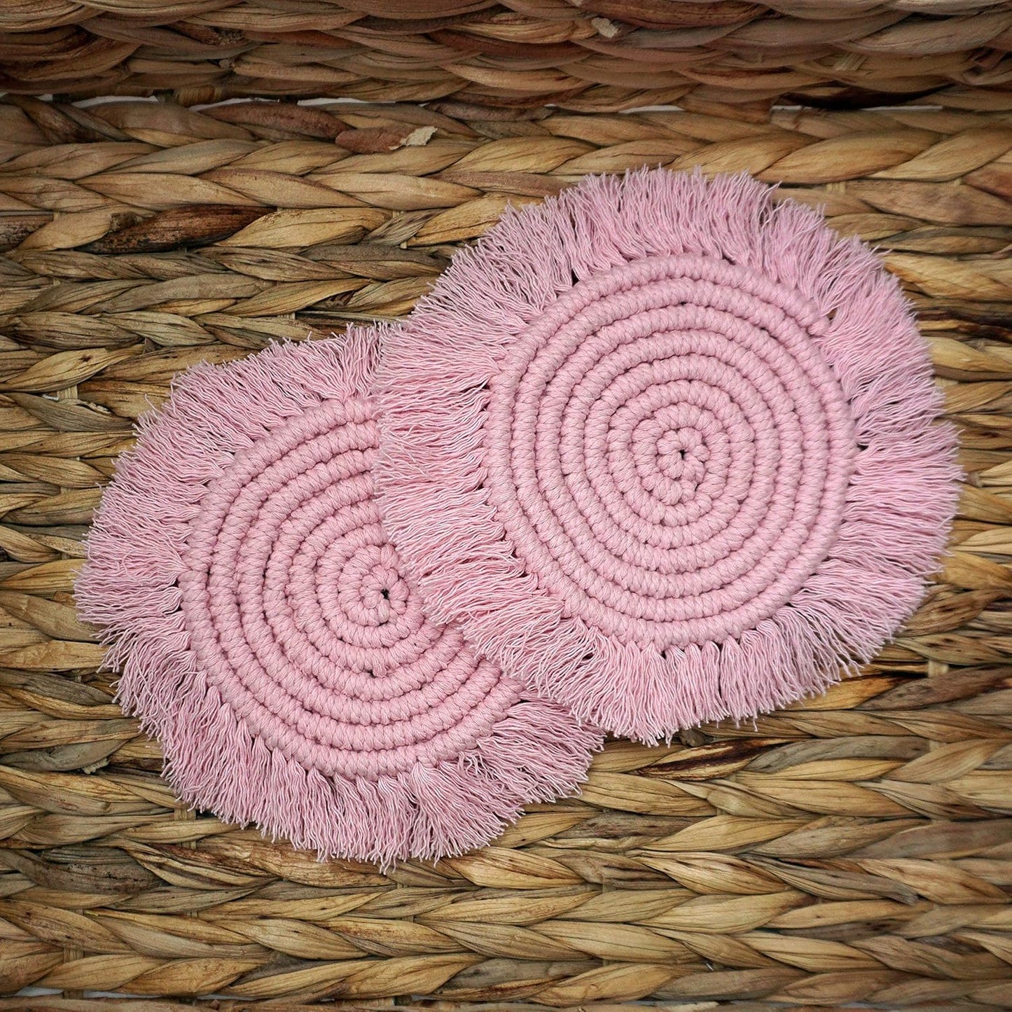 Macrame 100% Cotton Coasters Handmade in India - Elegant and Absorbent 6-inch Round Woven Boho Coaster Set with Fringe Tassels for Drinks and Mugs (Blush Pink)