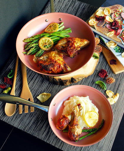 Non Stick Frying Pans - Tuxton Home Concentrix 2-Piece Stainless Steel Pan Set - Stove & Oven Compatible 8-inch & 11-inch Ceramic Frying Pan with Riveted Handles - Cinnebar Blush Pink Nonstick Pan Set
