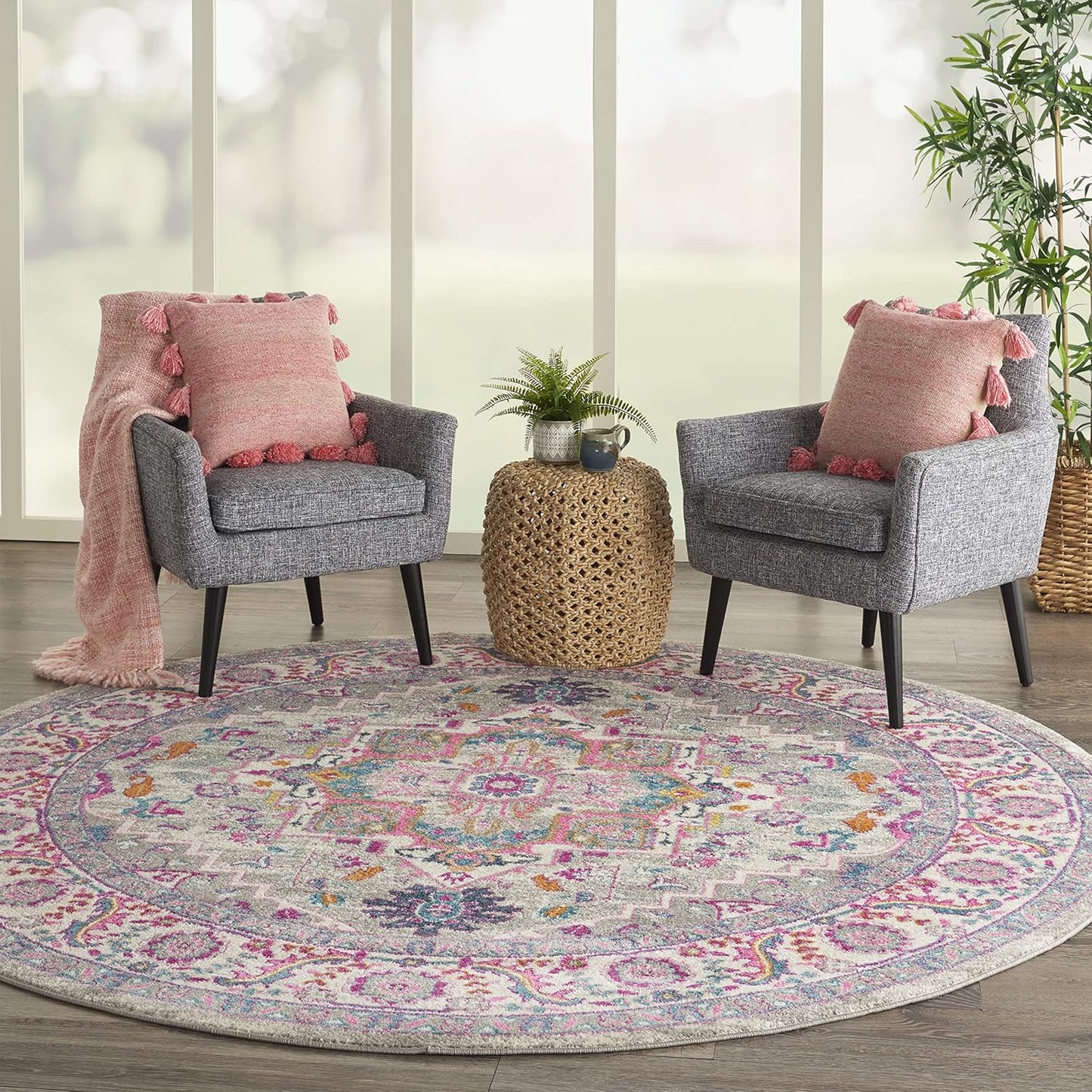 Nourison Home Passion Light Grey Pink 8' x Round Area Rug - Easy Clean, Non Shedding, Bed Room, Living Room, Dining Room, Kitchen (8' x Round)