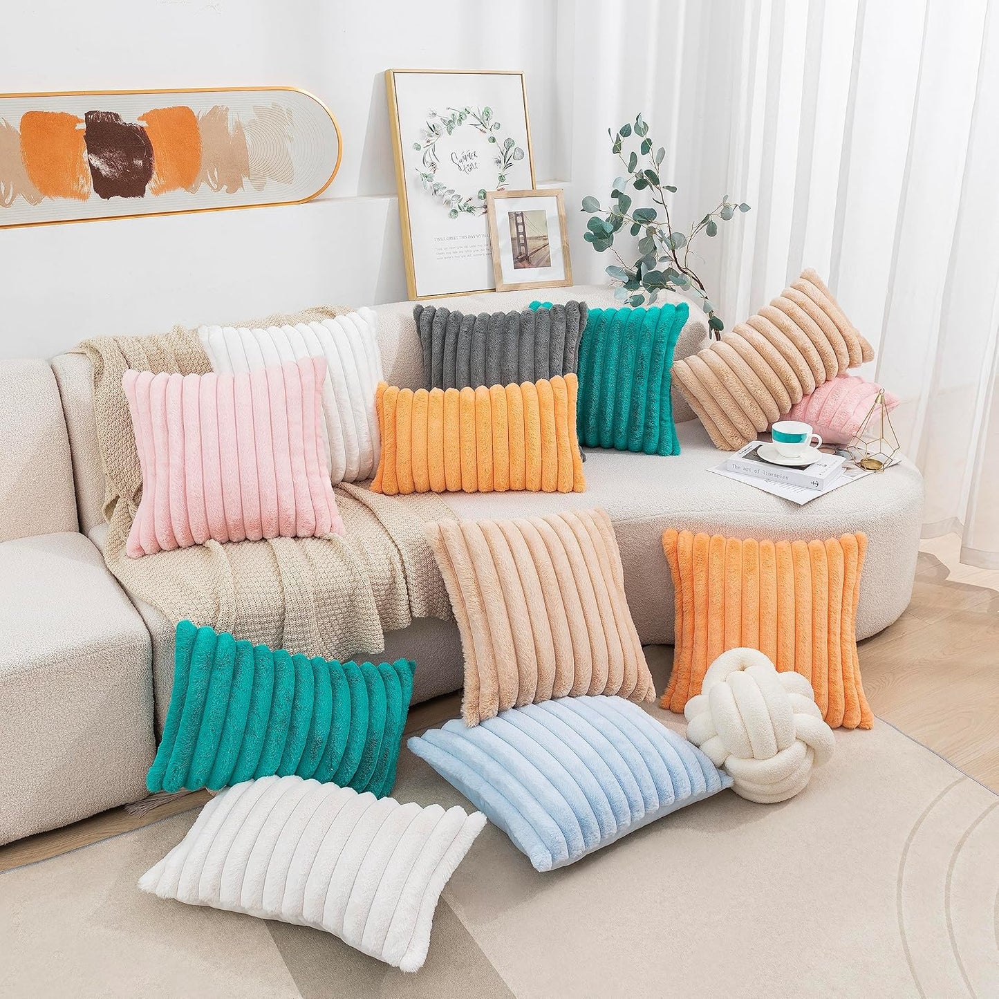 Uhomy Set of 2 Faux Fur Home Decorative Throw Pillow Cover Luxury Super Soft Fuzzy Striped Furry Pillowcase for Sofa Couch Bedroom Comfy Thick Fluffy Plush Cushion Cover 12x20 Inch Light Pink 30x50 cm