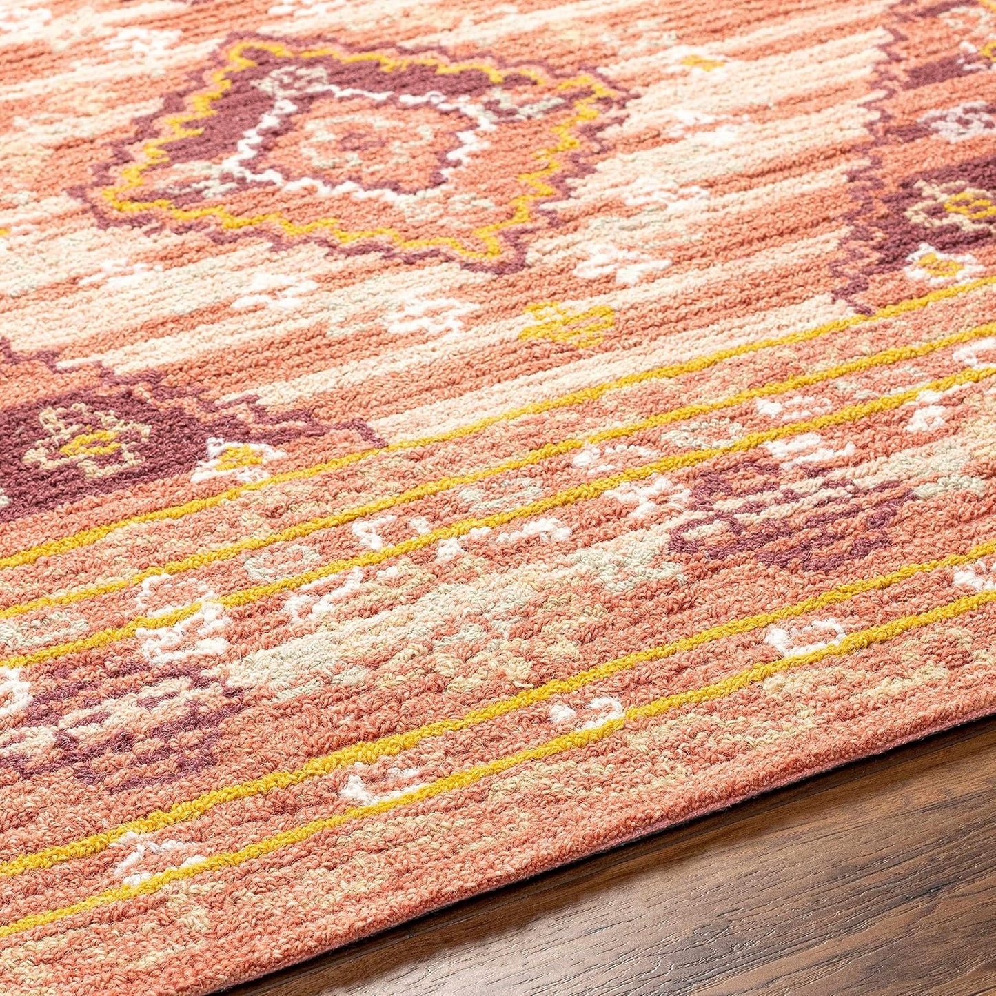 Hauteloom Zeno Wool Living Room, Bedroom Area Rug - Medallion Border Diamond Geometric Striped - Traditional Oriental Tribal Boho Transitional - Dusty Coral, Garnet, Bronze, Peach, Pink - 2' x 3'