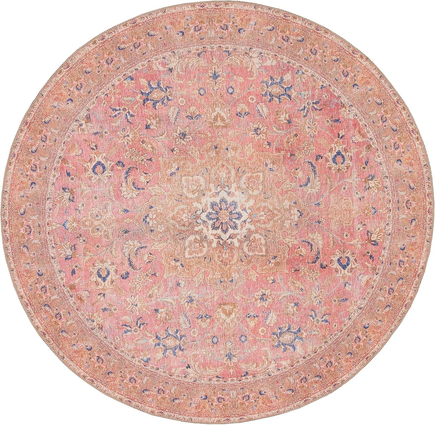 GLN Rugs Traditional Collection - Machine Washable Area Rug, Traditional Washable, Non Slip, Low Pile Chenille Rug, Living Room, Bedroom, Kitchen Rug (5'3" Round Pink/Cream)