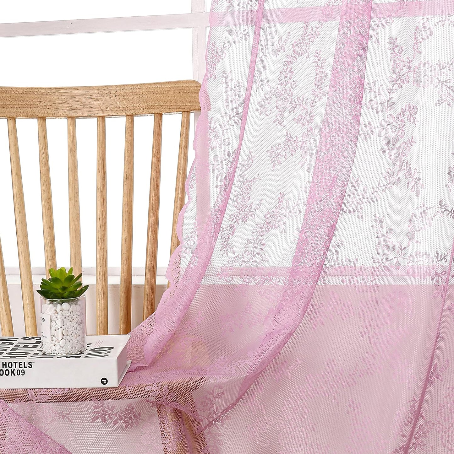 Pink Lace Sheer Curtains for Bedroom 55 x 54 Inch Farmhouse French Floral Rose Lace Curtain Panels Durable Flower Embeoidered Window Treatment Drapes for Living Room Bedroom Holiday, Set of 2