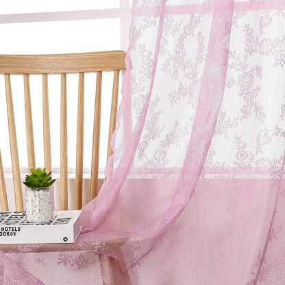 Pink Lace Sheer Curtains for Bedroom 55 x 54 Inch Farmhouse French Floral Rose Lace Curtain Panels Durable Flower Embeoidered Window Treatment Drapes for Living Room Bedroom Holiday, Set of 2