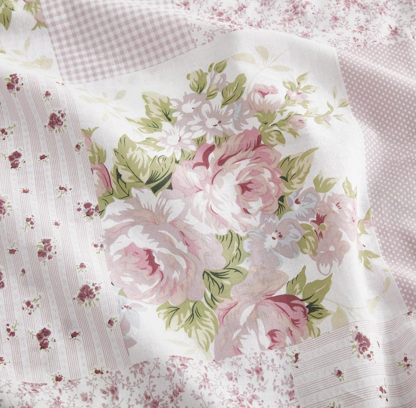 Chezmoi Collection Rosy 4-Piece Floral Patchwork Cotton Sheet Set Queen - Ivory Green Pink Flower Polka Dot Floral Patchwork Printed 100% Cotton Bed Sheets