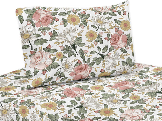 Sweet Jojo Designs Vintage Floral Boho Twin Sheet Set - 3 piece Set - Blush Pink, Yellow, Green and White Shabby Chic Rose Flower Farmhouse