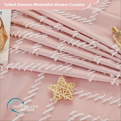 Siiluminisoy Pink Shower Curtain with Tassel Woven Fabric Boho Shower Curtain Cute Farmhouse Textured Tufted Chevron Striped 72 x 72 Bathroom Shower Curtain
