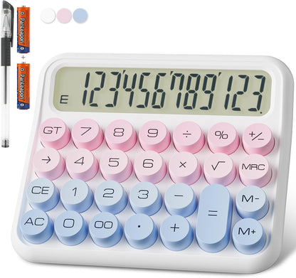 Battery Desk Calculator - 12 Digit Extra Large 5-Inch LCD Display, Big Buttons Easy to Press Office Calculators, 15 Tilt Screen for Kids (Blue & Pink)