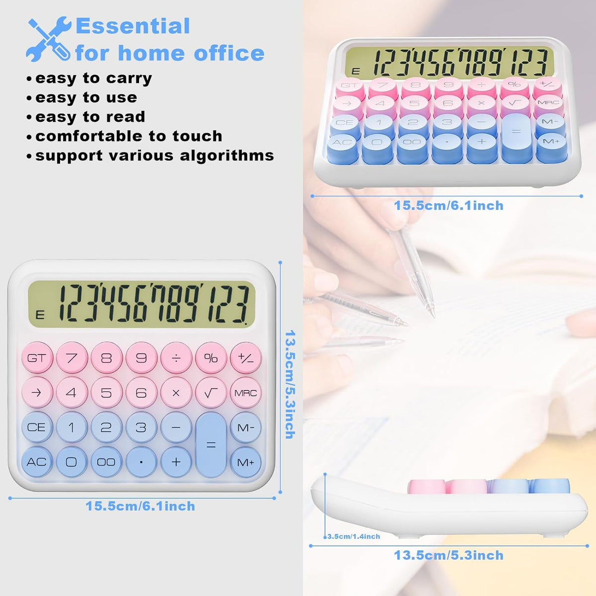 Battery Desk Calculator - 12 Digit Extra Large 5-Inch LCD Display, Big Buttons Easy to Press Office Calculators, 15 Tilt Screen for Kids (Blue & Pink)