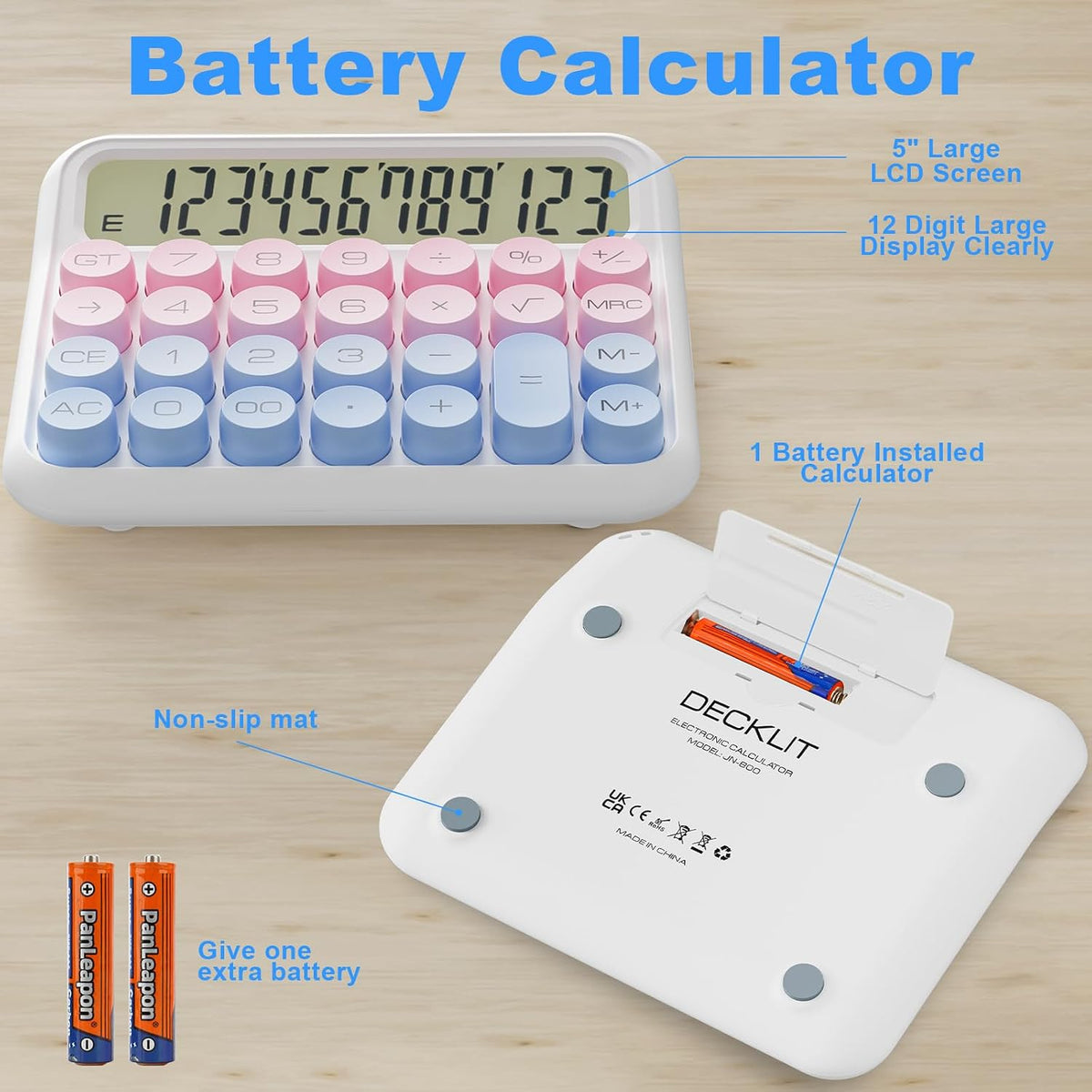 Battery Desk Calculator - 12 Digit Extra Large 5-Inch LCD Display, Big Buttons Easy to Press Office Calculators, 15 Tilt Screen for Kids (Blue & Pink)