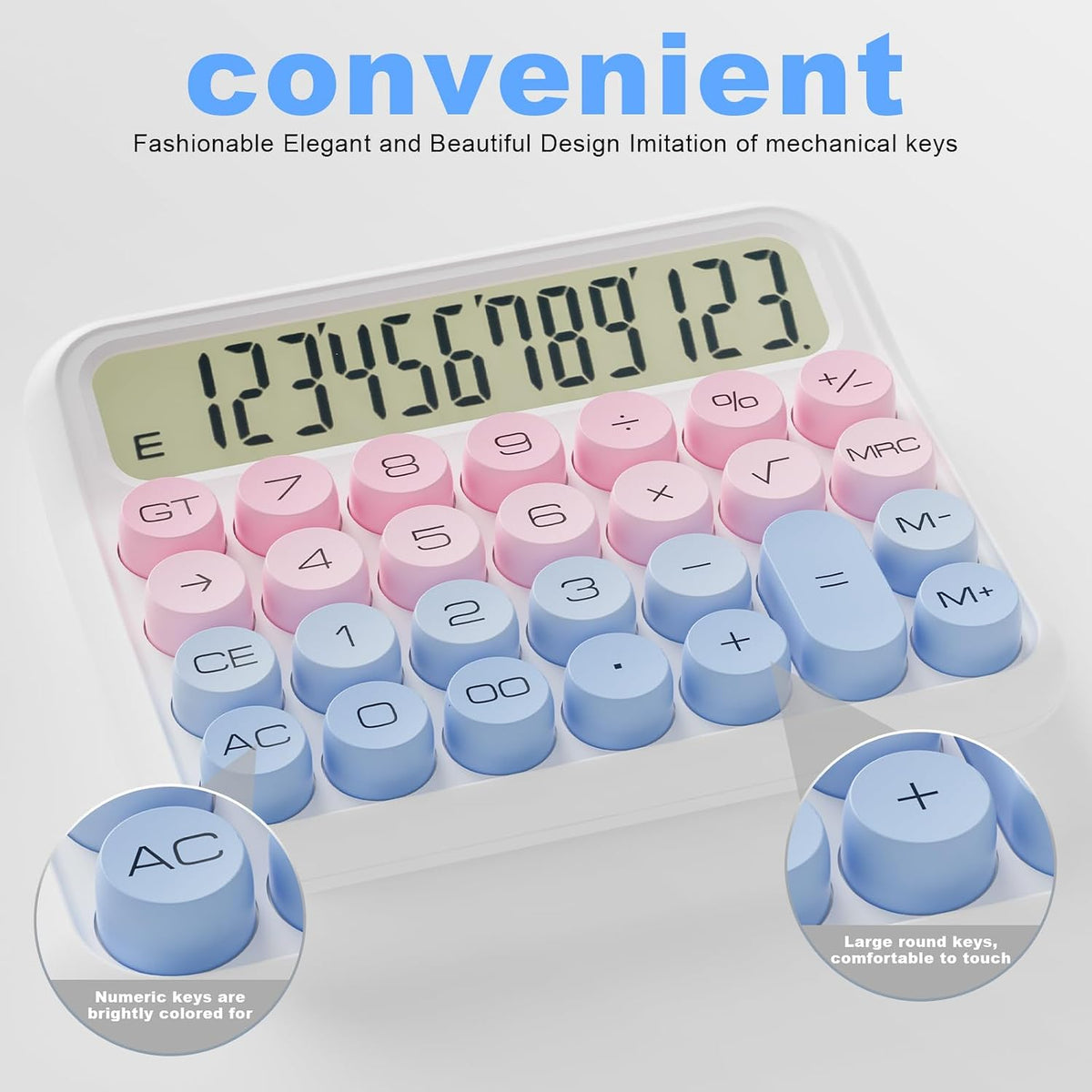 Battery Desk Calculator - 12 Digit Extra Large 5-Inch LCD Display, Big Buttons Easy to Press Office Calculators, 15 Tilt Screen for Kids (Blue & Pink)