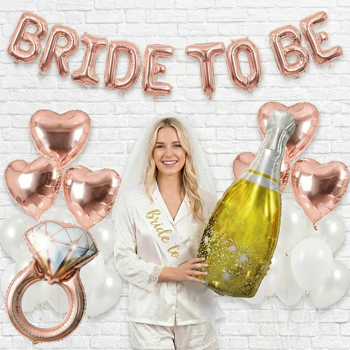 Rose Gold Bridal Shower party decorations pearl White balloons Bridal Veil BRIDE TO BE Balloons Sash with Diamond Ring Heart Champagne Balloons Bridal Veil for Bachelorette Party Supplies