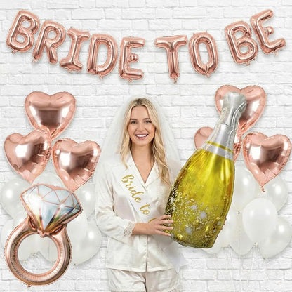 Rose Gold Bridal Shower party decorations pearl White balloons Bridal Veil BRIDE TO BE Balloons Sash with Diamond Ring Heart Champagne Balloons Bridal Veil for Bachelorette Party Supplies
