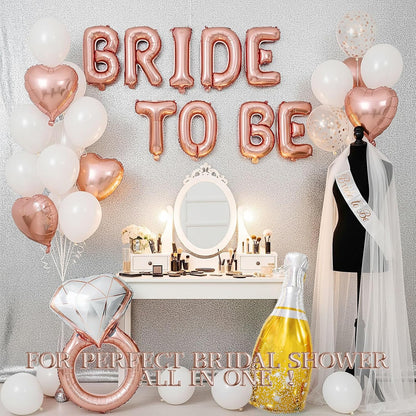 Rose Gold Bridal Shower party decorations pearl White balloons Bridal Veil BRIDE TO BE Balloons Sash with Diamond Ring Heart Champagne Balloons Bridal Veil for Bachelorette Party Supplies