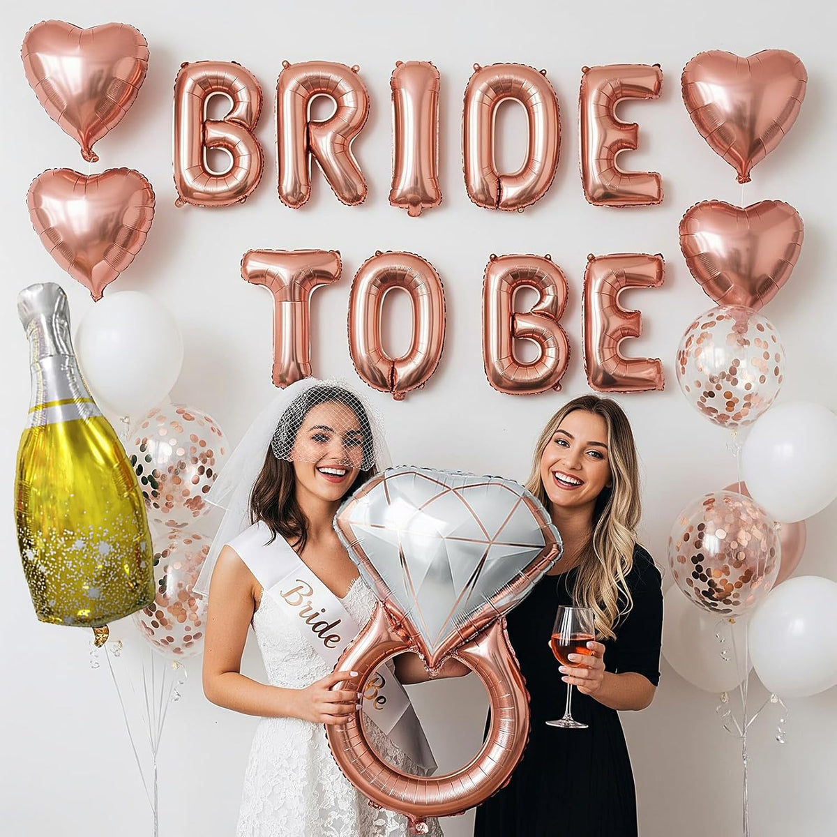 Rose Gold Bridal Shower party decorations pearl White balloons Bridal Veil BRIDE TO BE Balloons Sash with Diamond Ring Heart Champagne Balloons Bridal Veil for Bachelorette Party Supplies