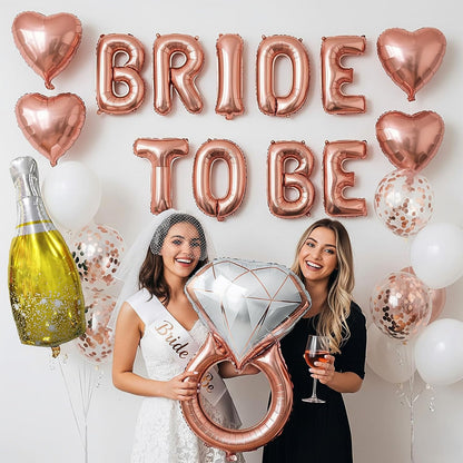 Rose Gold Bridal Shower party decorations pearl White balloons Bridal Veil BRIDE TO BE Balloons Sash with Diamond Ring Heart Champagne Balloons Bridal Veil for Bachelorette Party Supplies