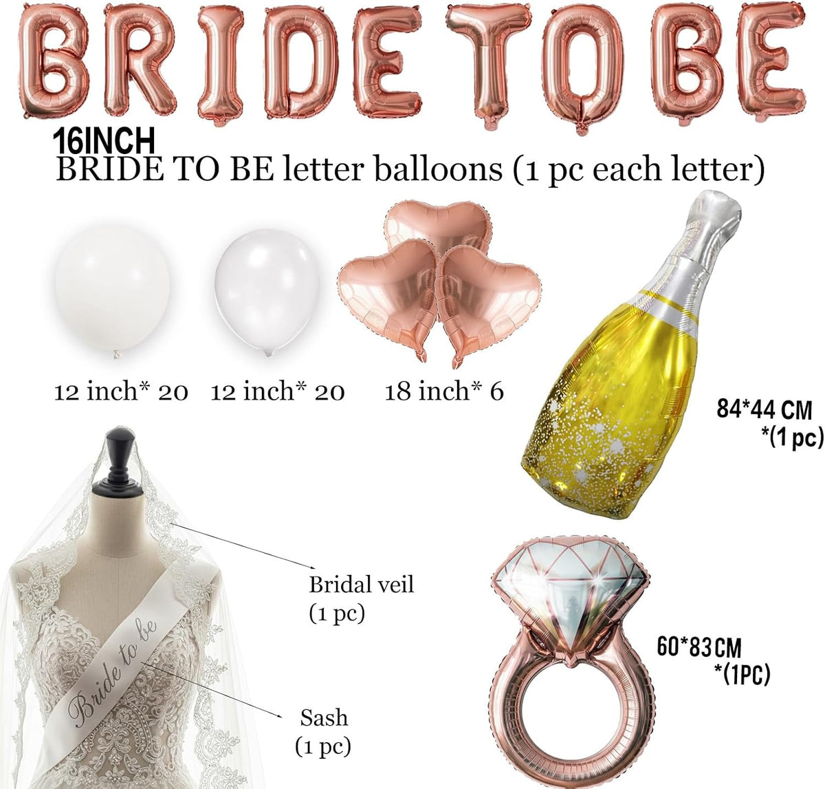 Rose Gold Bridal Shower party decorations pearl White balloons Bridal Veil BRIDE TO BE Balloons Sash with Diamond Ring Heart Champagne Balloons Bridal Veil for Bachelorette Party Supplies