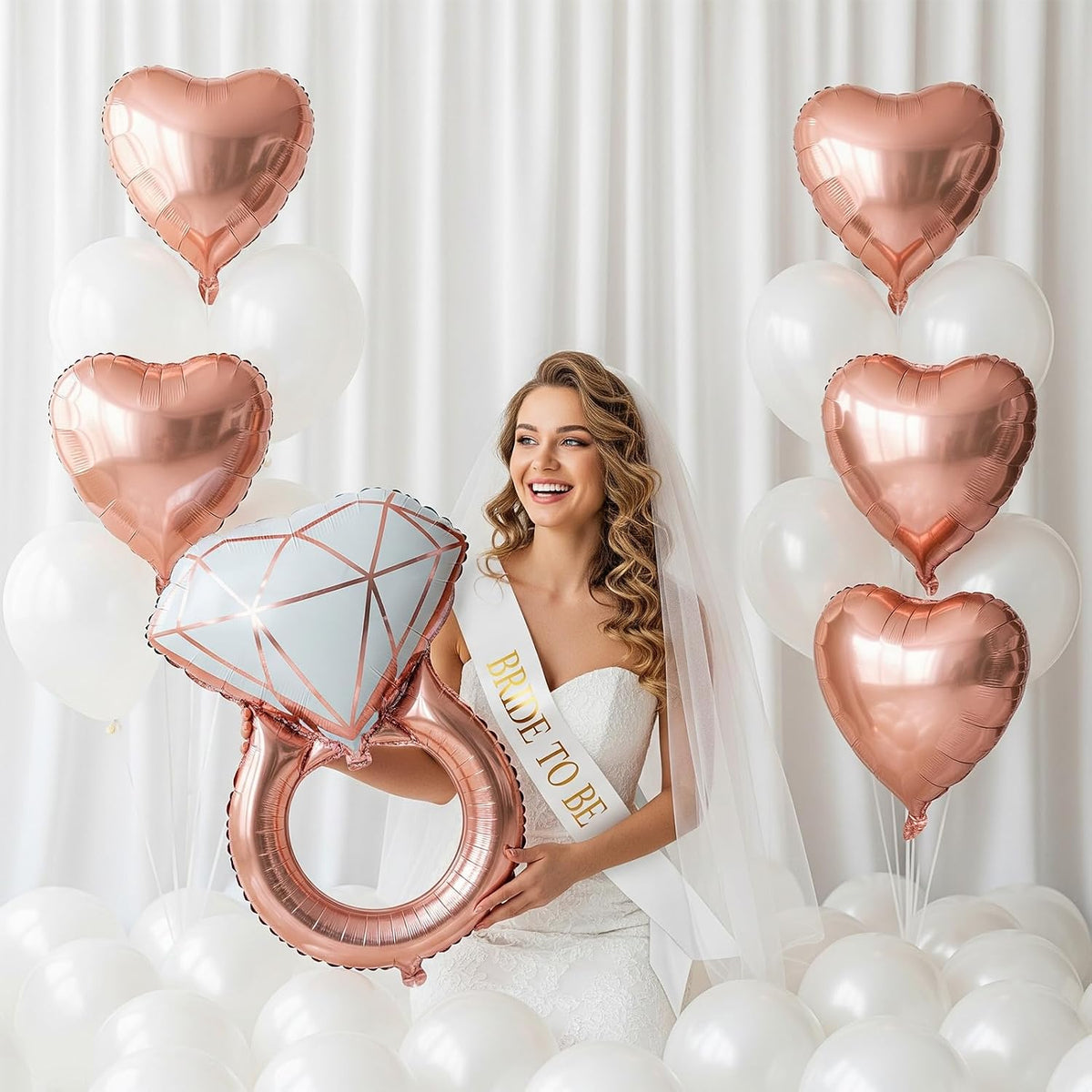 Rose Gold Bridal Shower party decorations pearl White balloons Bridal Veil BRIDE TO BE Balloons Sash with Diamond Ring Heart Champagne Balloons Bridal Veil for Bachelorette Party Supplies