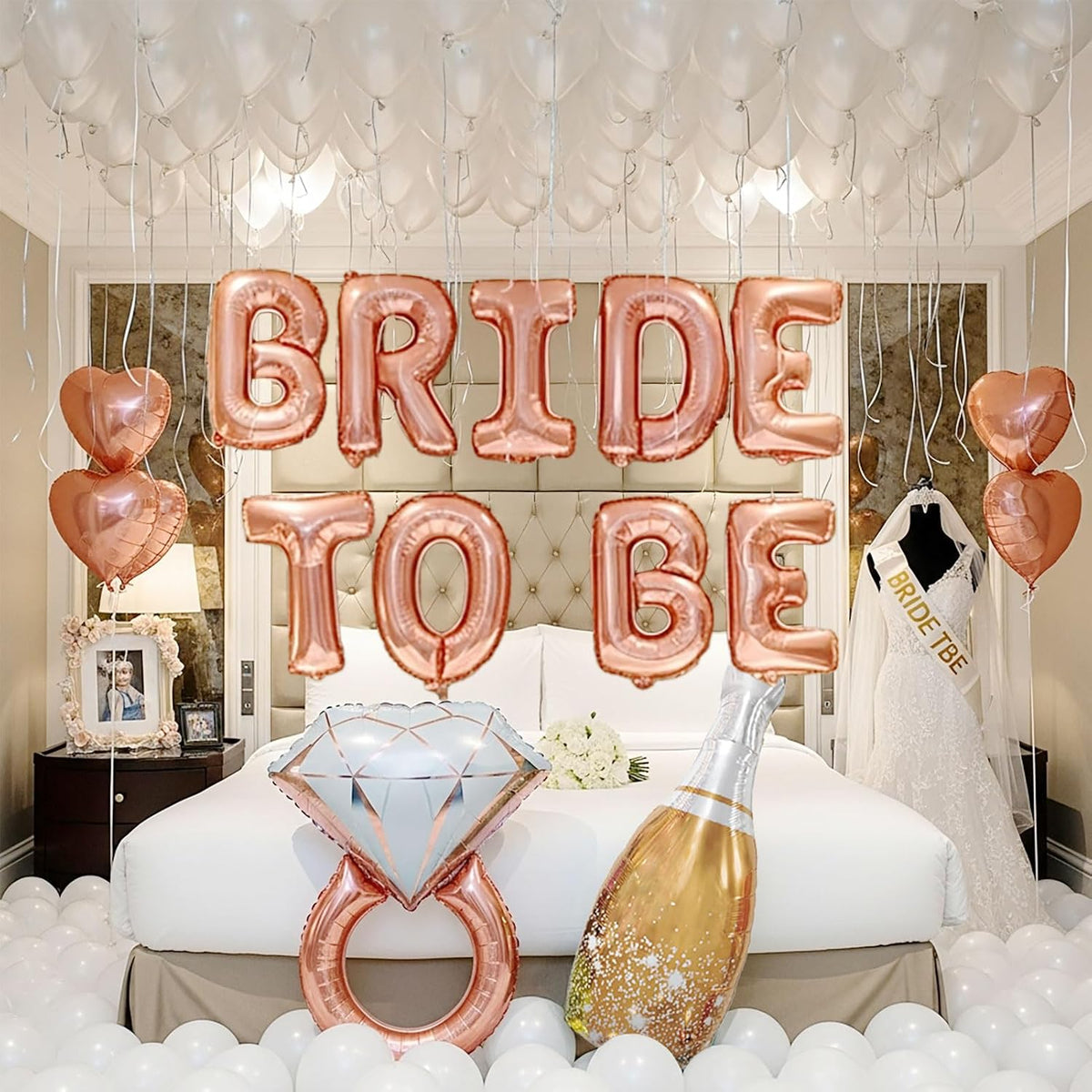 Rose Gold Bridal Shower party decorations pearl White balloons Bridal Veil BRIDE TO BE Balloons Sash with Diamond Ring Heart Champagne Balloons Bridal Veil for Bachelorette Party Supplies