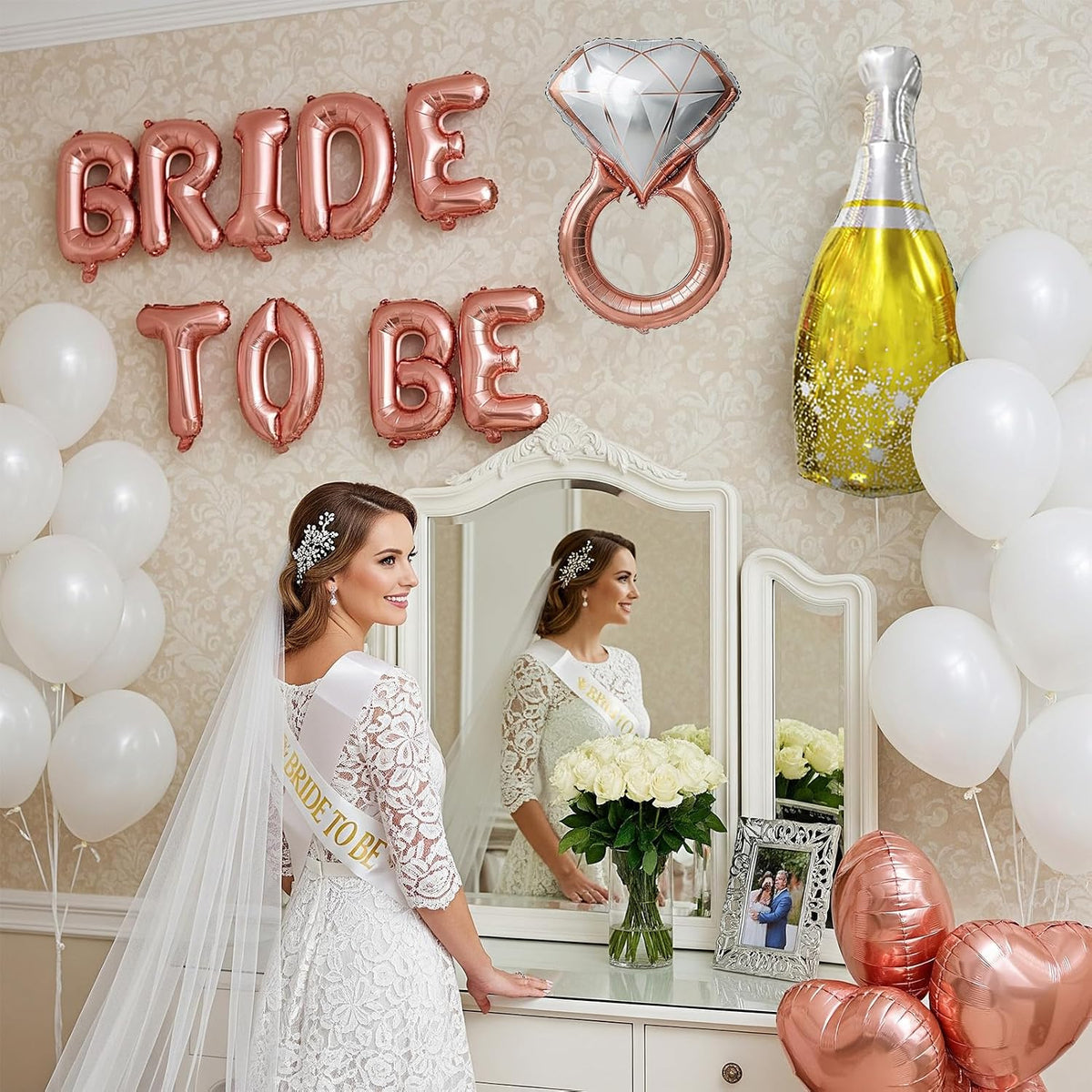 Rose Gold Bridal Shower party decorations pearl White balloons Bridal Veil BRIDE TO BE Balloons Sash with Diamond Ring Heart Champagne Balloons Bridal Veil for Bachelorette Party Supplies