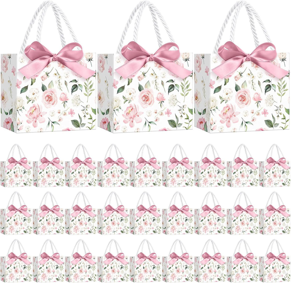 30 Pcs Mini Pink Floral Gift Bags with Ribbon Handle Party Favors