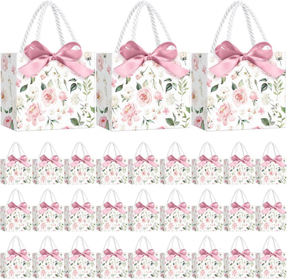 30 Pcs Mini Pink Floral Gift Bags with Ribbon Handle Party Favors