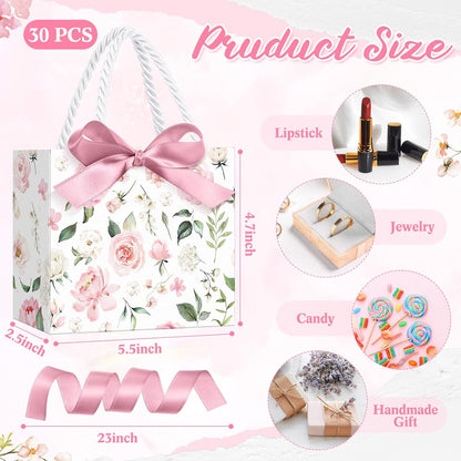 30 Pcs Mini Pink Floral Gift Bags with Ribbon Handle Party Favors