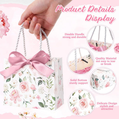 30 Pcs Mini Pink Floral Gift Bags with Ribbon Handle Party Favors
